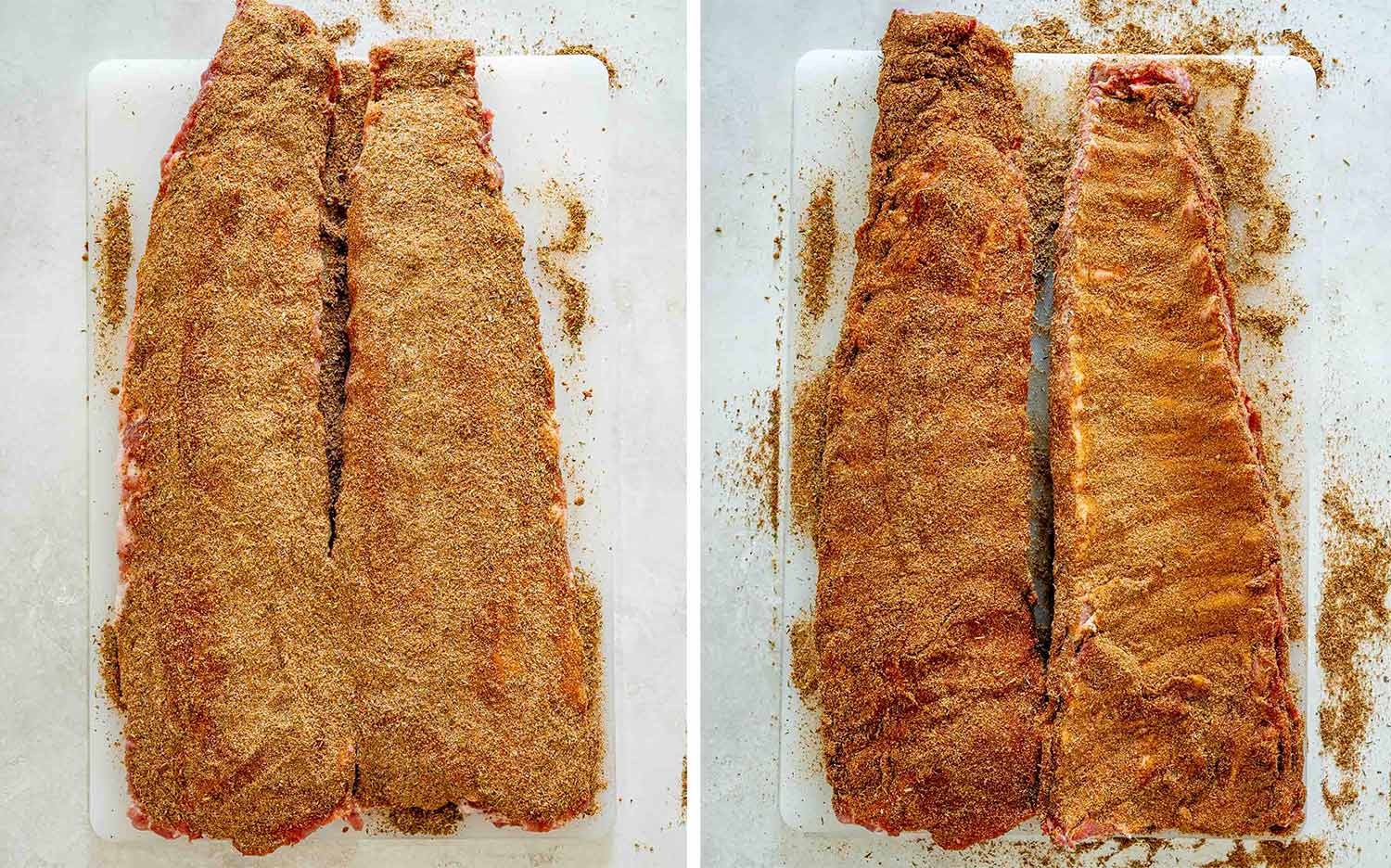wo racks of pork ribs evenly coated on both sides with a homemade Memphis-style dry spice rub.