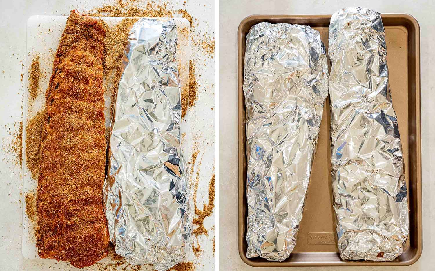 Memphis-style pork ribs coated with dry rub, then tightly wrapped in foil and arranged on a baking sheet.