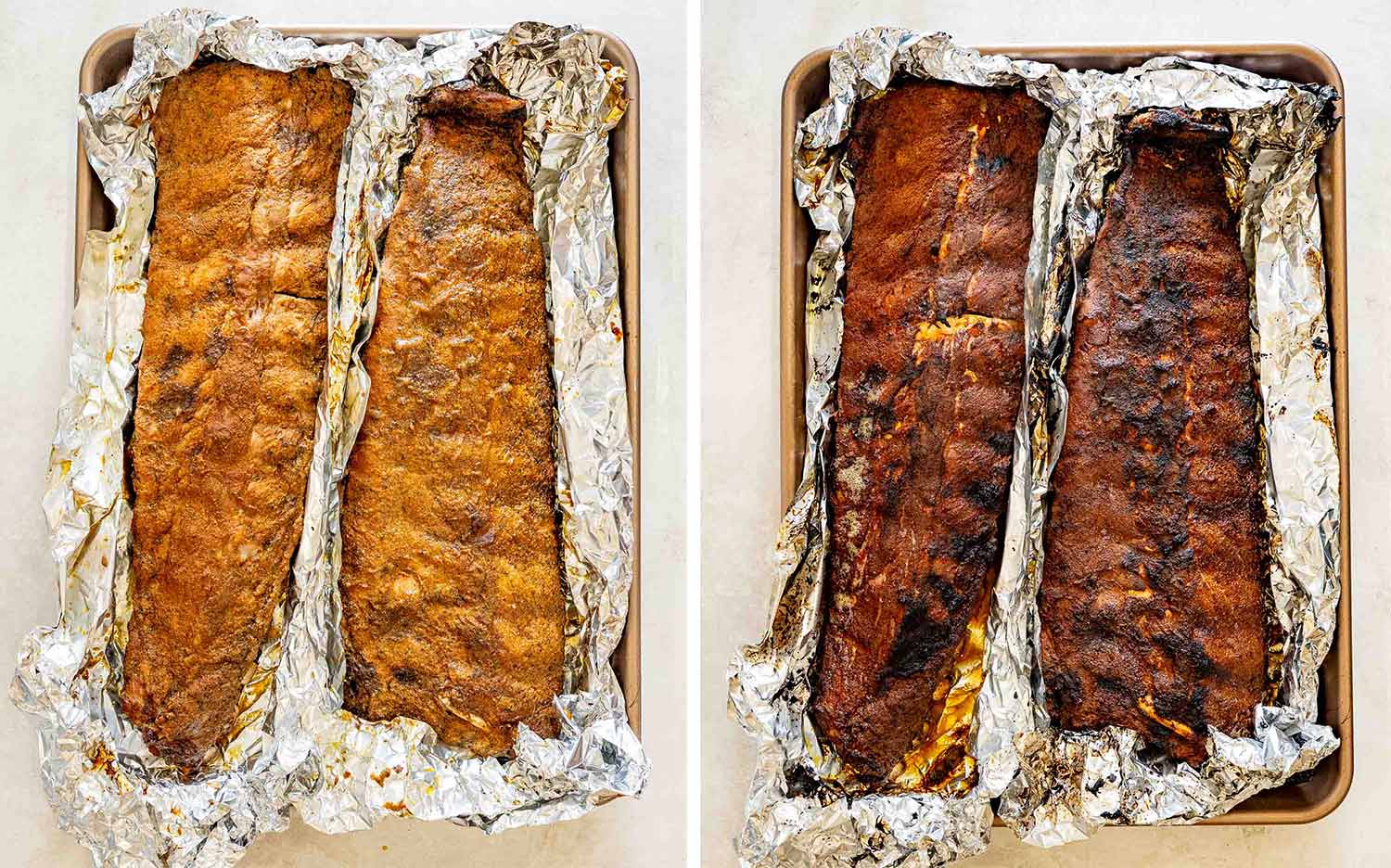 Seasoned pork ribs shown before baking and after roasting until deeply browned and tender in foil-lined pans.