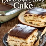 A creamy no bake chocolate eclair cake slice with glossy ganache beneath an elegant mixed-font recipe title.