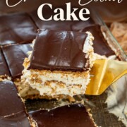 A layered chocolate eclair cake square lifted from a glass dish beneath an elegant no bake recipe title.