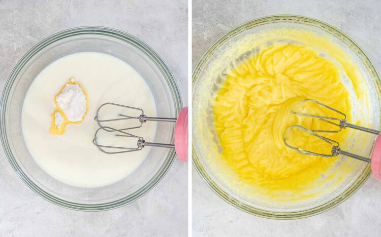 Instant vanilla pudding mix and cold milk are beaten together until thick, smooth, and ready for whipped topping.