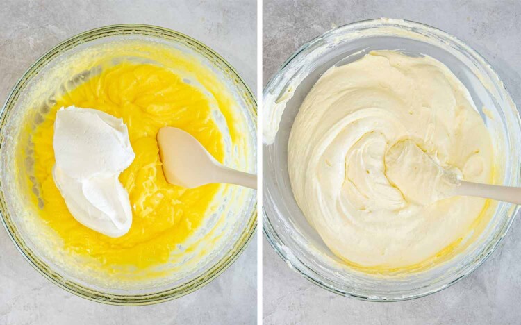 Whipped topping is folded into prepared vanilla pudding until the no bake eclair cake filling becomes light and creamy.