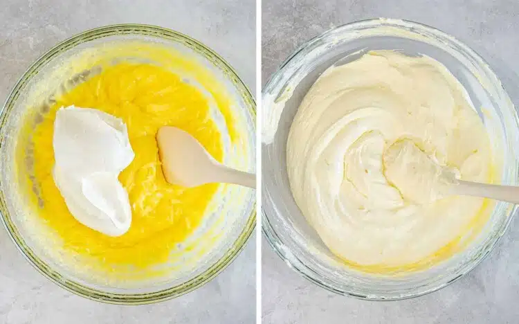 Whipped topping is folded into prepared vanilla pudding until the no bake eclair cake filling becomes light and creamy.