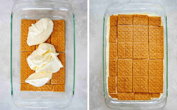 Vanilla pudding filling is spooned over a graham cracker layer, then topped with another even layer of crackers.