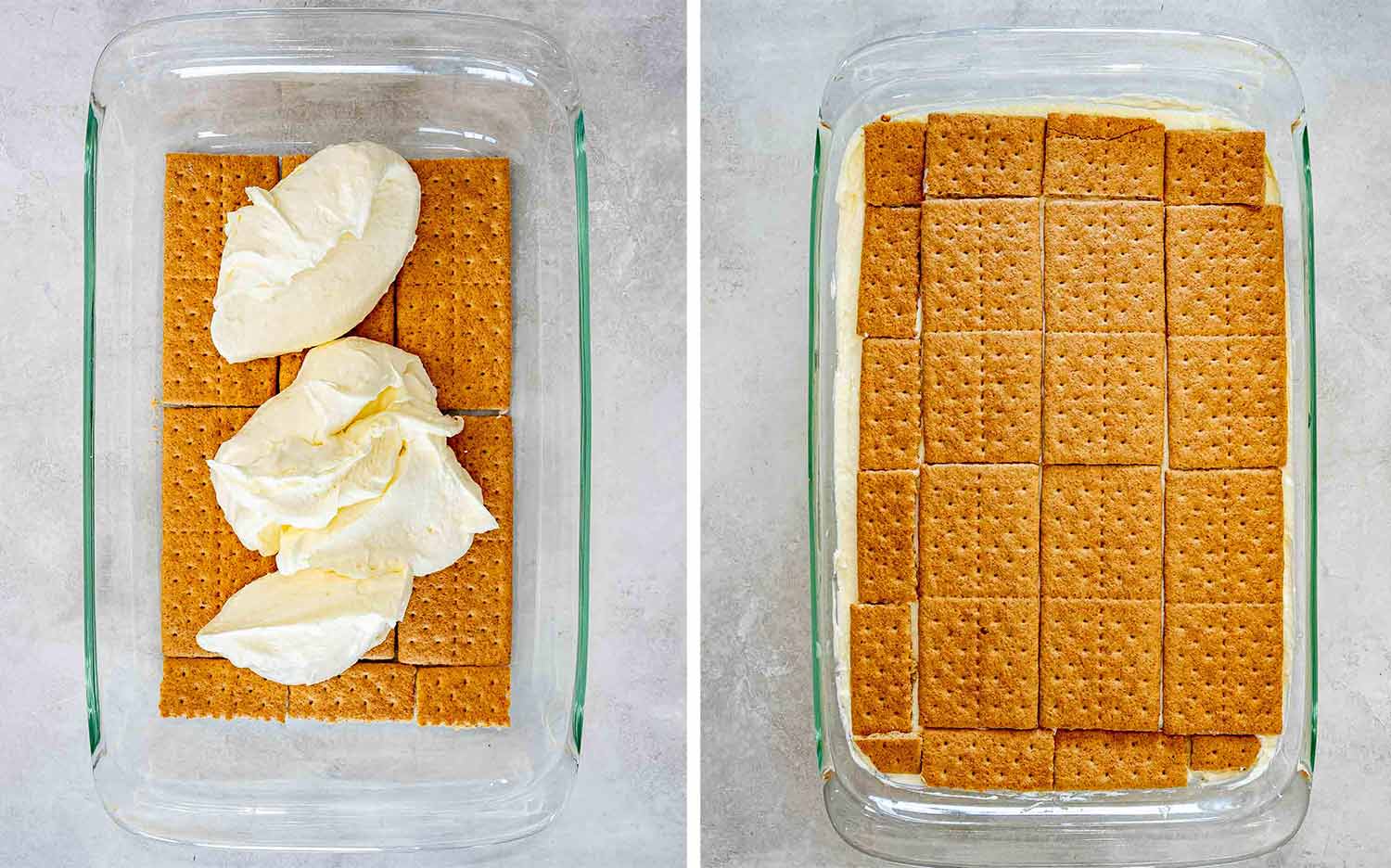 Vanilla pudding filling is spooned over a graham cracker layer, then topped with another even layer of crackers.