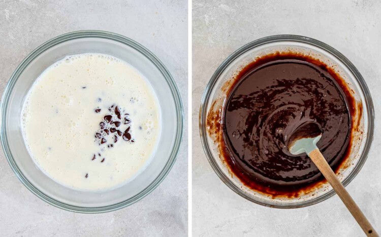 Warm heavy cream is poured over chocolate chips, then stirred into a smooth, glossy ganache for the cake.