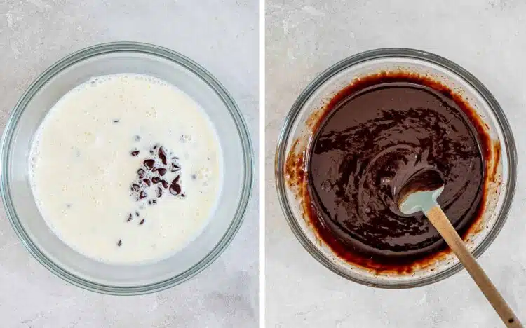 Warm heavy cream is poured over chocolate chips, then stirred into a smooth, glossy ganache for the cake.