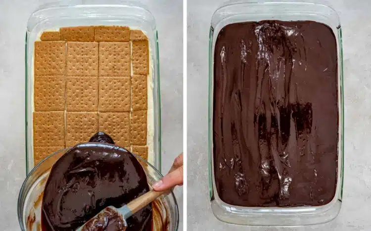 Graham crackers cover the final pudding layer before warm chocolate ganache is spread evenly across the no bake cake.