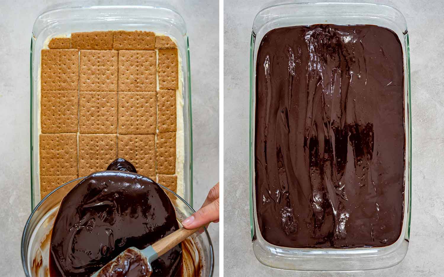 Graham crackers cover the final pudding layer before warm chocolate ganache is spread evenly across the no bake cake.