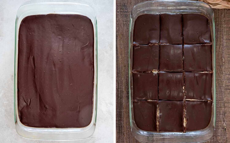 Two overhead views show smooth chocolate ganache spread over chilled eclair cake, then sliced into neat rectangular servings.