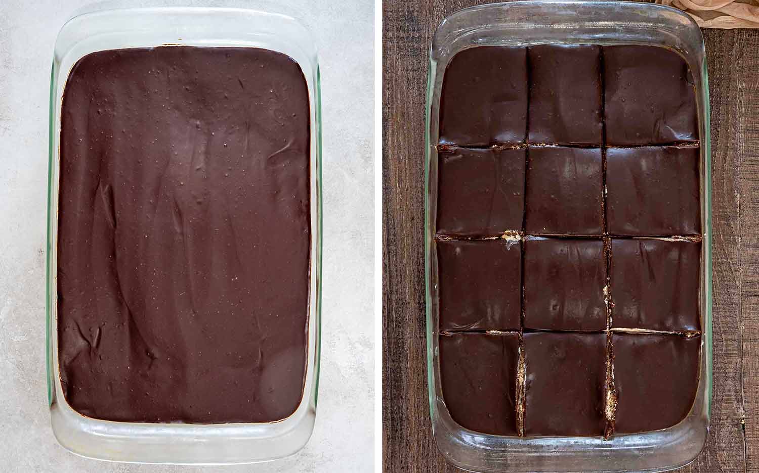 Two overhead views show smooth chocolate ganache spread over chilled eclair cake, then sliced into neat rectangular servings.