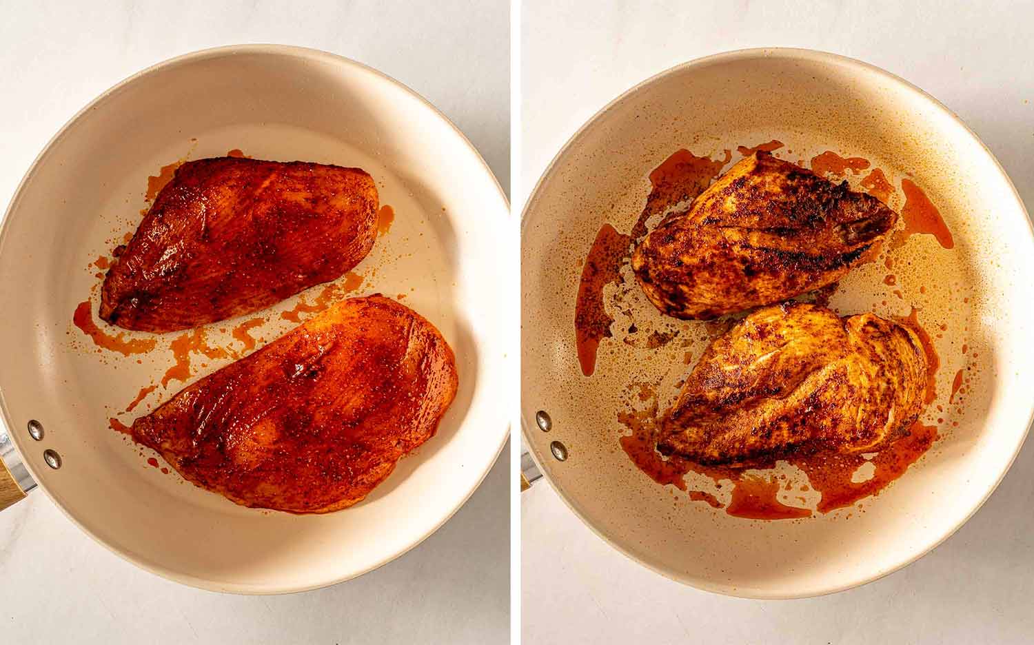 Seasoned chicken breasts searing in a skillet, with browned crust forming on both sides before they are sliced.