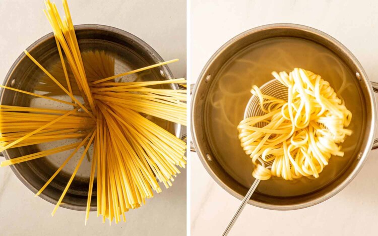 Dry linguine going into boiling water, followed by cooked pasta being lifted from the pot with a fork.