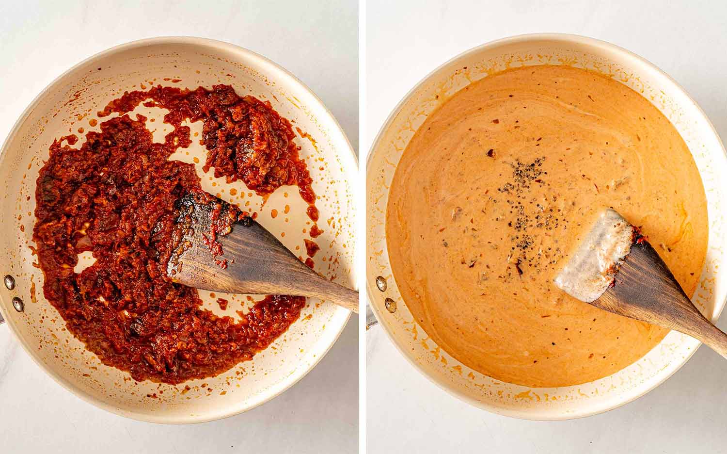 Tomato paste frying in the skillet before cream and broth are stirred in to make the orange sauce.