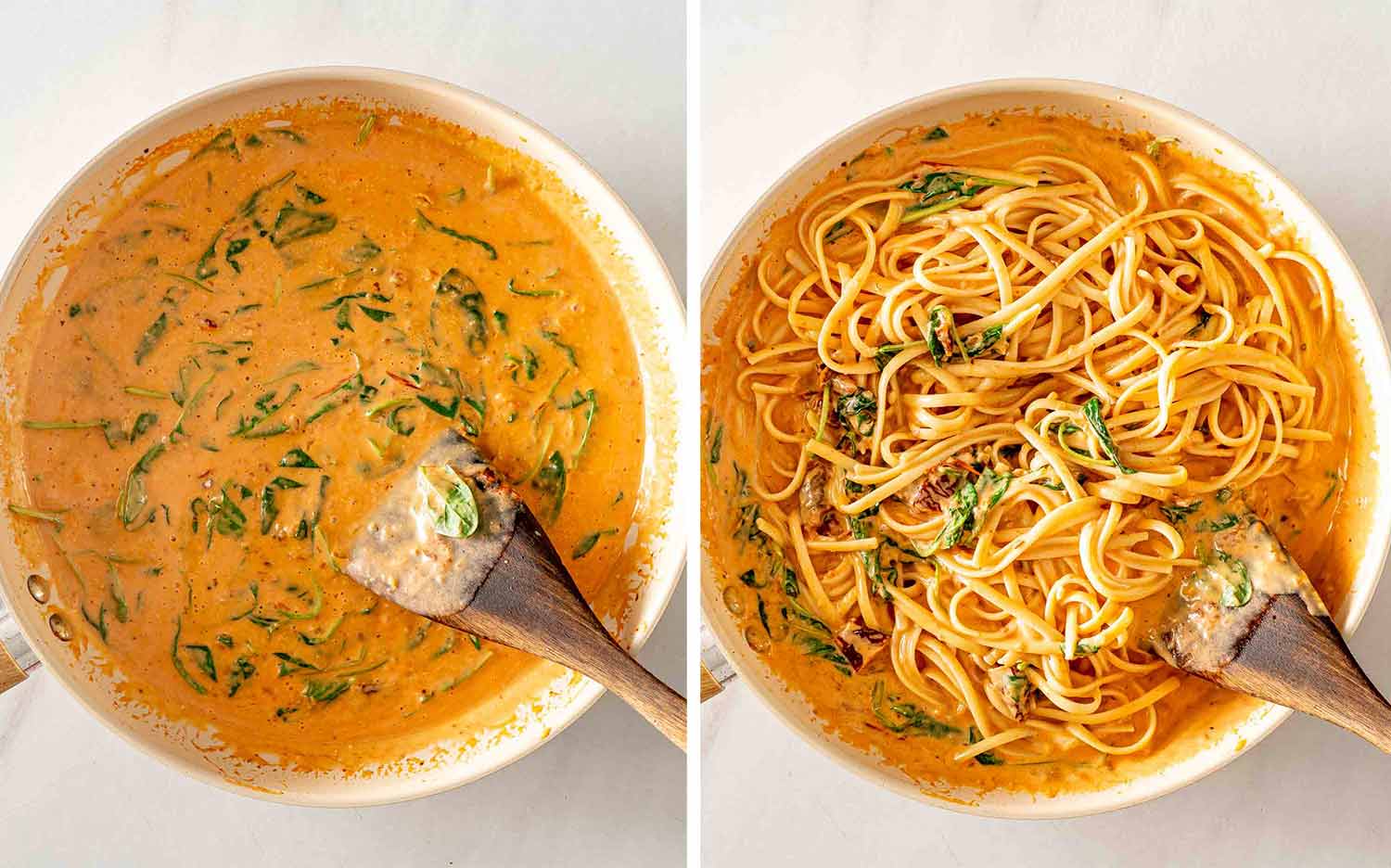 Fresh spinach wilting into the creamy sun-dried tomato sauce before cooked linguine is tossed through it.