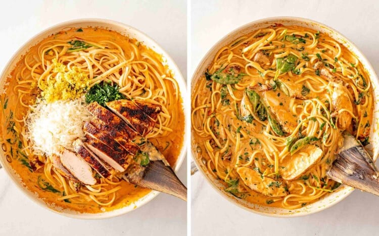 Parmesan, lemon zest, and sliced chicken added to the linguine before everything is tossed through the creamy sauce.