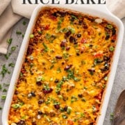 Chili Rice Bake Pinterest image showing a cheddar topped casserole with herbs, recipe title, and Craving Home Cooked logo.