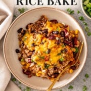 Chili Rice Bake Pinterest image featuring a cheesy plated serving, gold fork, recipe title, and Craving Home Cooked logo.