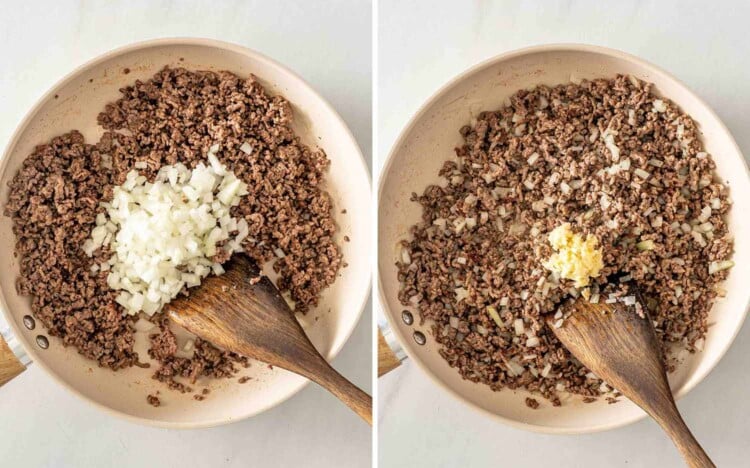 Two photos showing diced onion added to browned ground beef, followed by minced garlic, with a wooden spoon nearby.