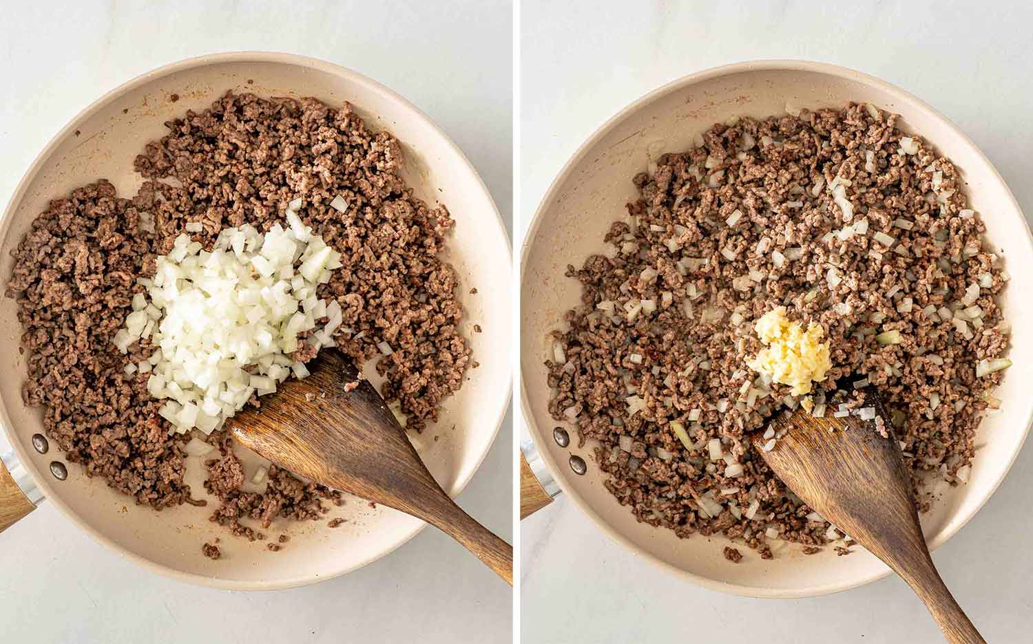 Two photos showing diced onion added to browned ground beef, followed by minced garlic, with a wooden spoon nearby.