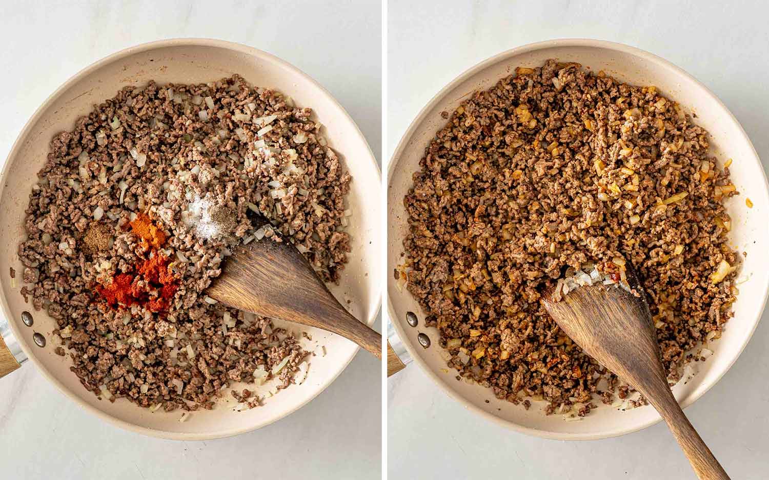 Two photos showing spices added to browned ground beef, then stirred together with a wooden spoon in a skillet.