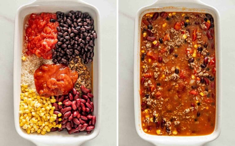 Two photos showing beef, rice, beans, corn, tomatoes, and salsa arranged in a baking dish, then mixed with broth.