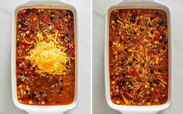 Two photos showing shredded cheddar added to the chili rice mixture, then stirred into the broth before baking.