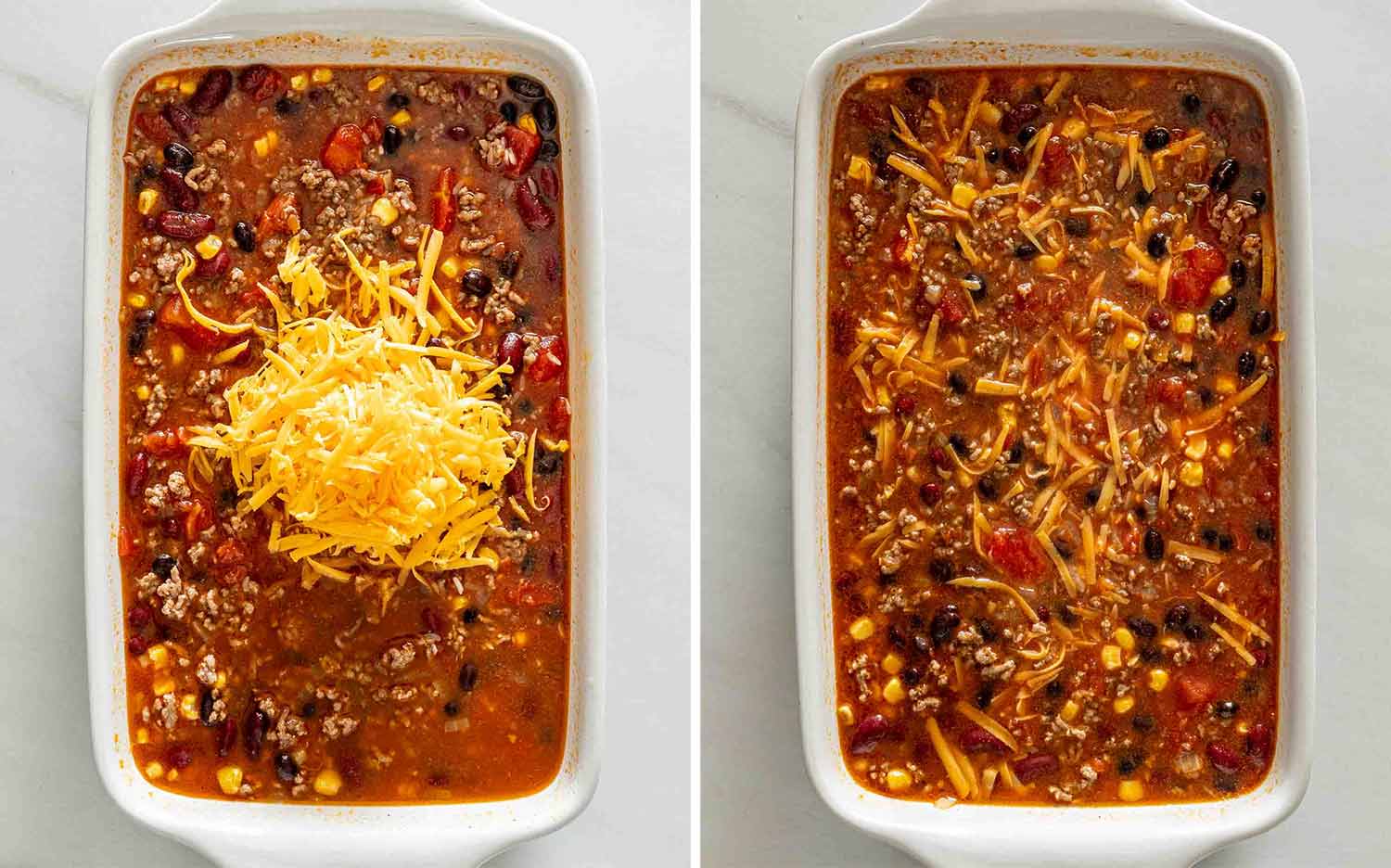 Two photos showing shredded cheddar added to the chili rice mixture, then stirred into the broth before baking.