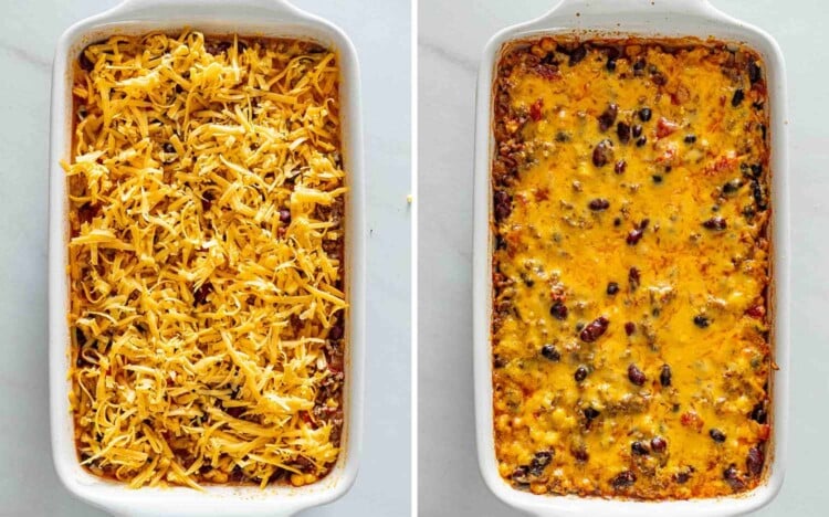 Two photos showing chili rice bake topped with shredded cheddar, then baked until the cheese is melted and golden.
