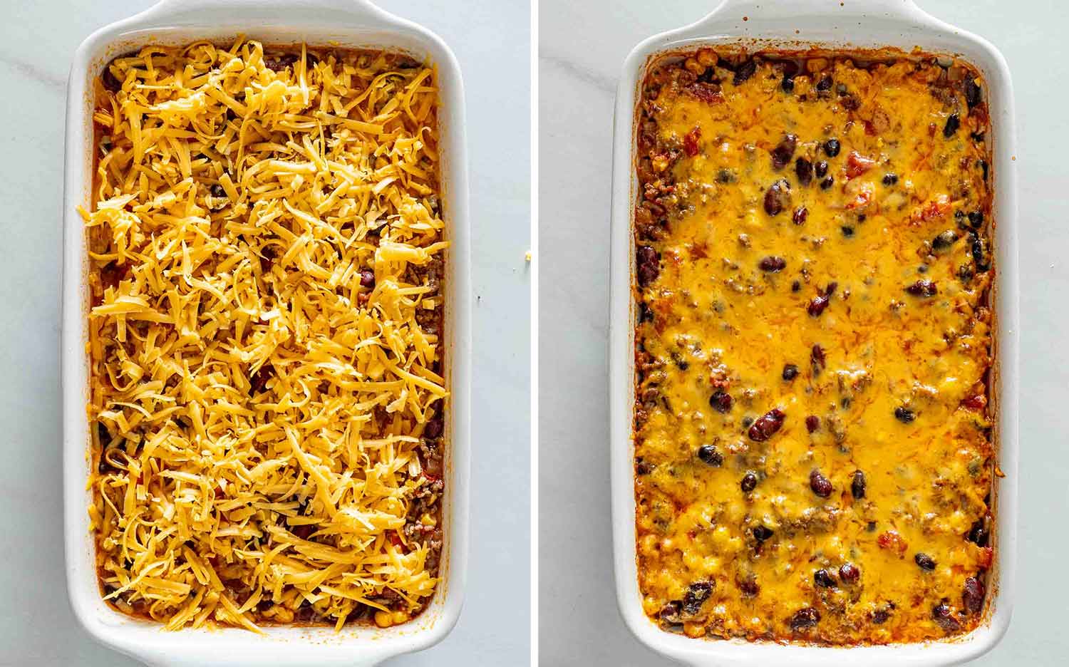 Two photos showing chili rice bake topped with shredded cheddar, then baked until the cheese is melted and golden.