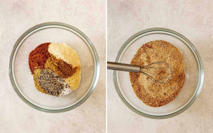 Garlic powder, onion powder, paprika, cumin, coriander, salt, and pepper in a bowl before and after whisking them together.