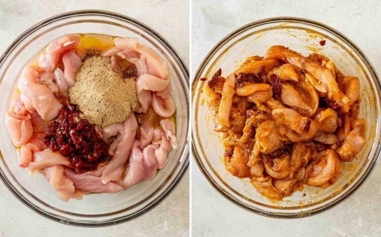 Raw chicken strips topped with spices and chipotle peppers, followed by chicken evenly coated in the marinade for tacos.