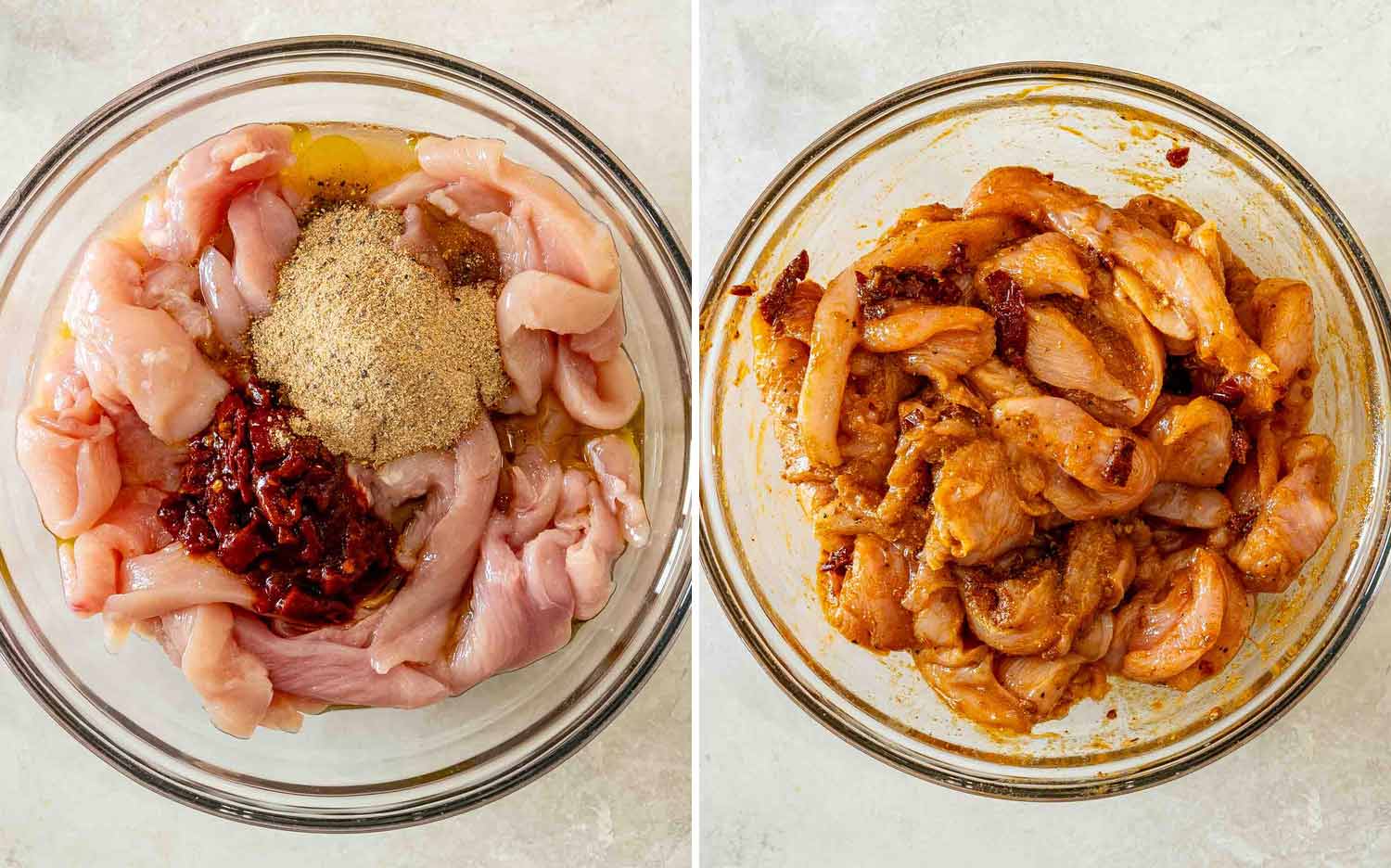 Raw chicken strips topped with spices and chipotle peppers, followed by chicken evenly coated in the marinade for tacos.