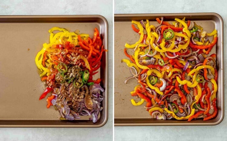 Sliced bell peppers, red onion, and jalape&ntilde;o sprinkled with seasoning, then tossed and spread across half a baking sheet.