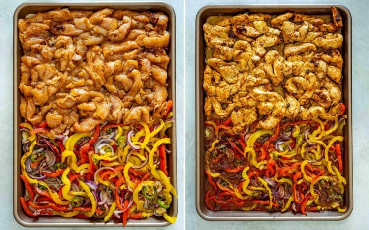 Side-by-side photos of marinated chicken strips and sliced vegetables arranged on a sheet pan before and after oven roasting.