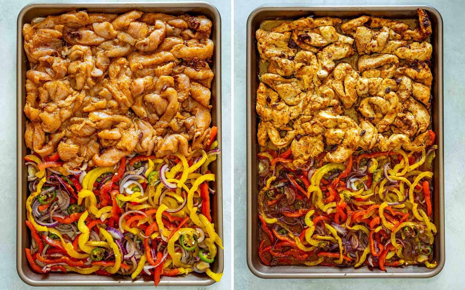 Side-by-side photos of marinated chicken strips and sliced vegetables arranged on a sheet pan before and after oven roasting.