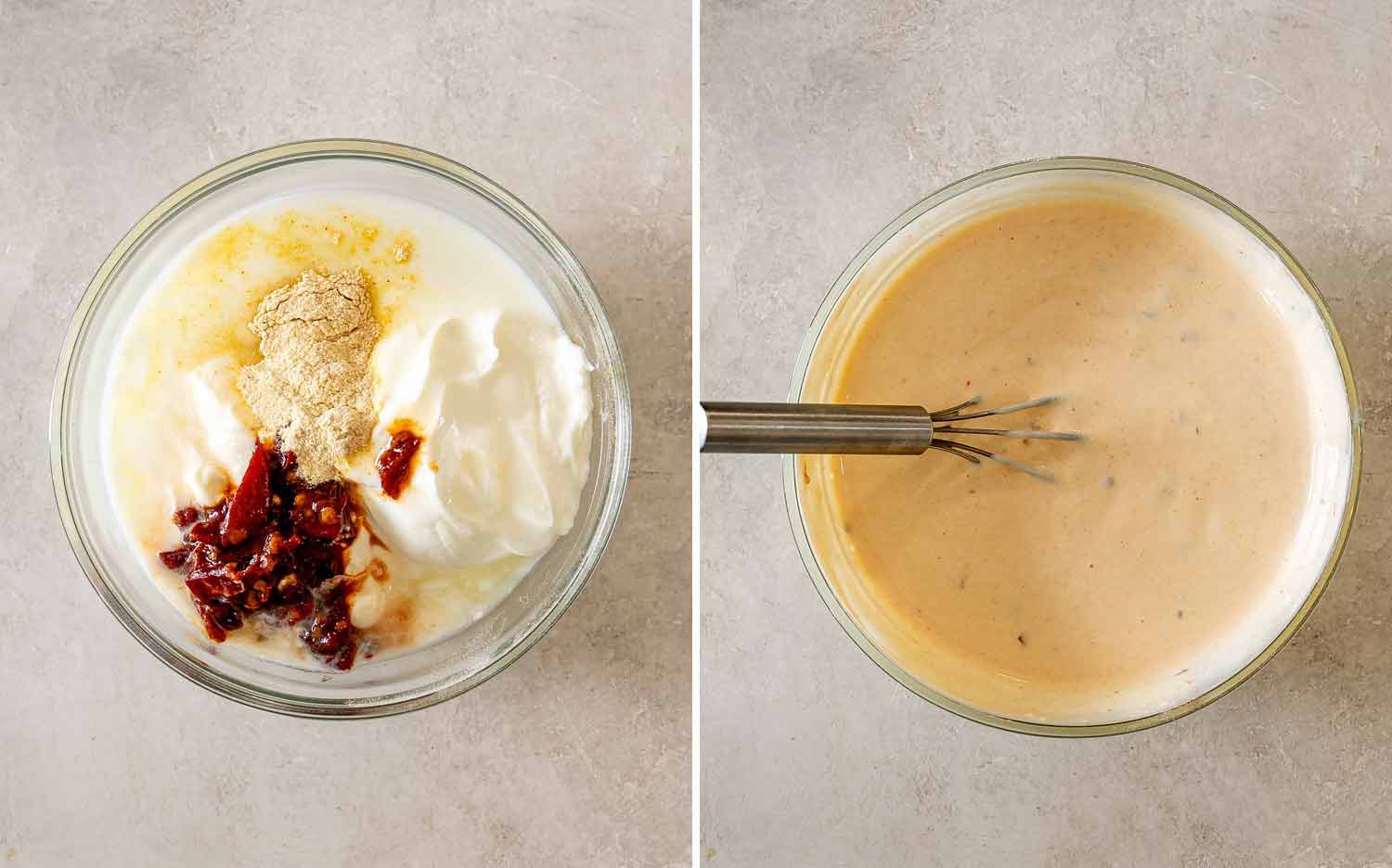 Creamy chipotle sauce ingredients in a glass bowl, followed by the smooth pale orange sauce mixed with a whisk.