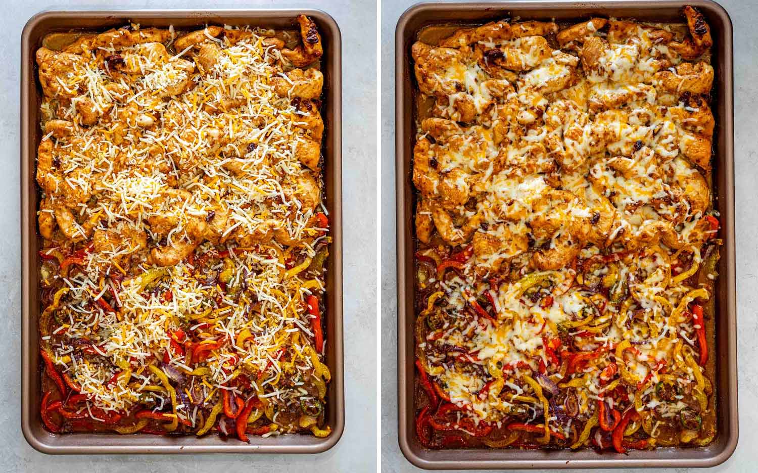 Two process photos showing shredded cheese scattered over roasted chipotle chicken and vegetables, then melted and browned after broiling.